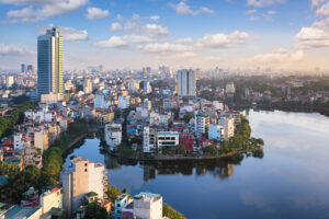 View over the city of Hanoi, Vietnam, with Trúc Bạch Lake in the foreground.