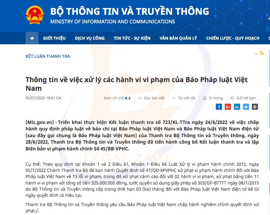 Đình bản 03 tháng đối với Báo Pháp luật Việt Nam điện tử